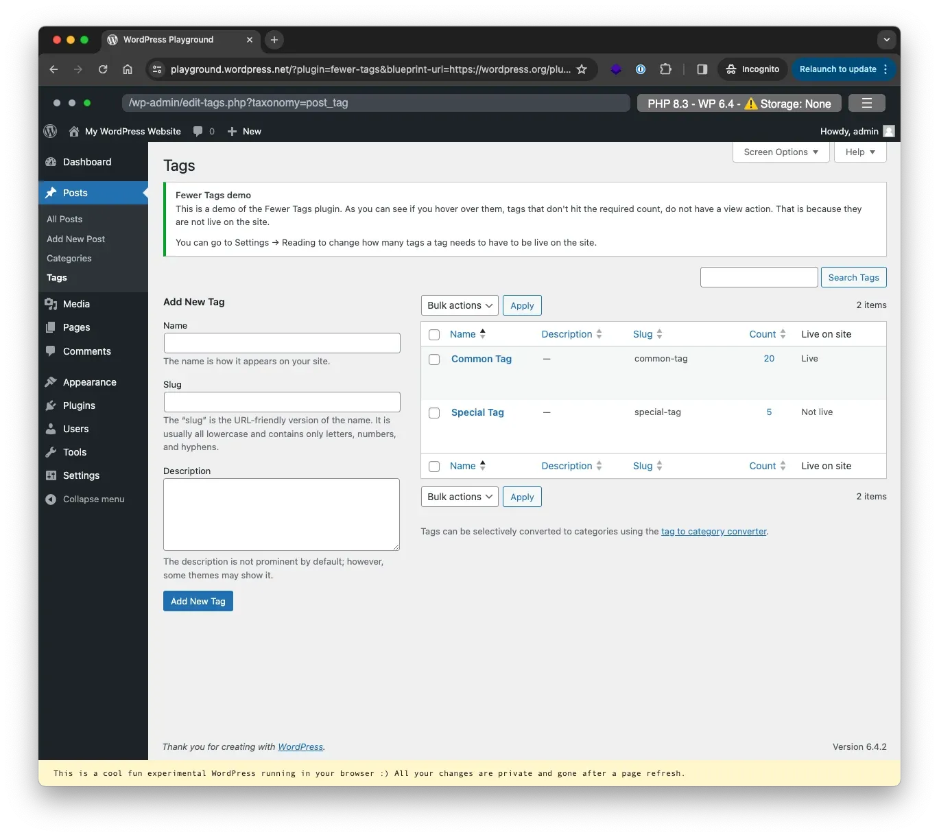 Screenshot of the WordPress playground with the Fewer Tags plugin loaded and demo data loaded.