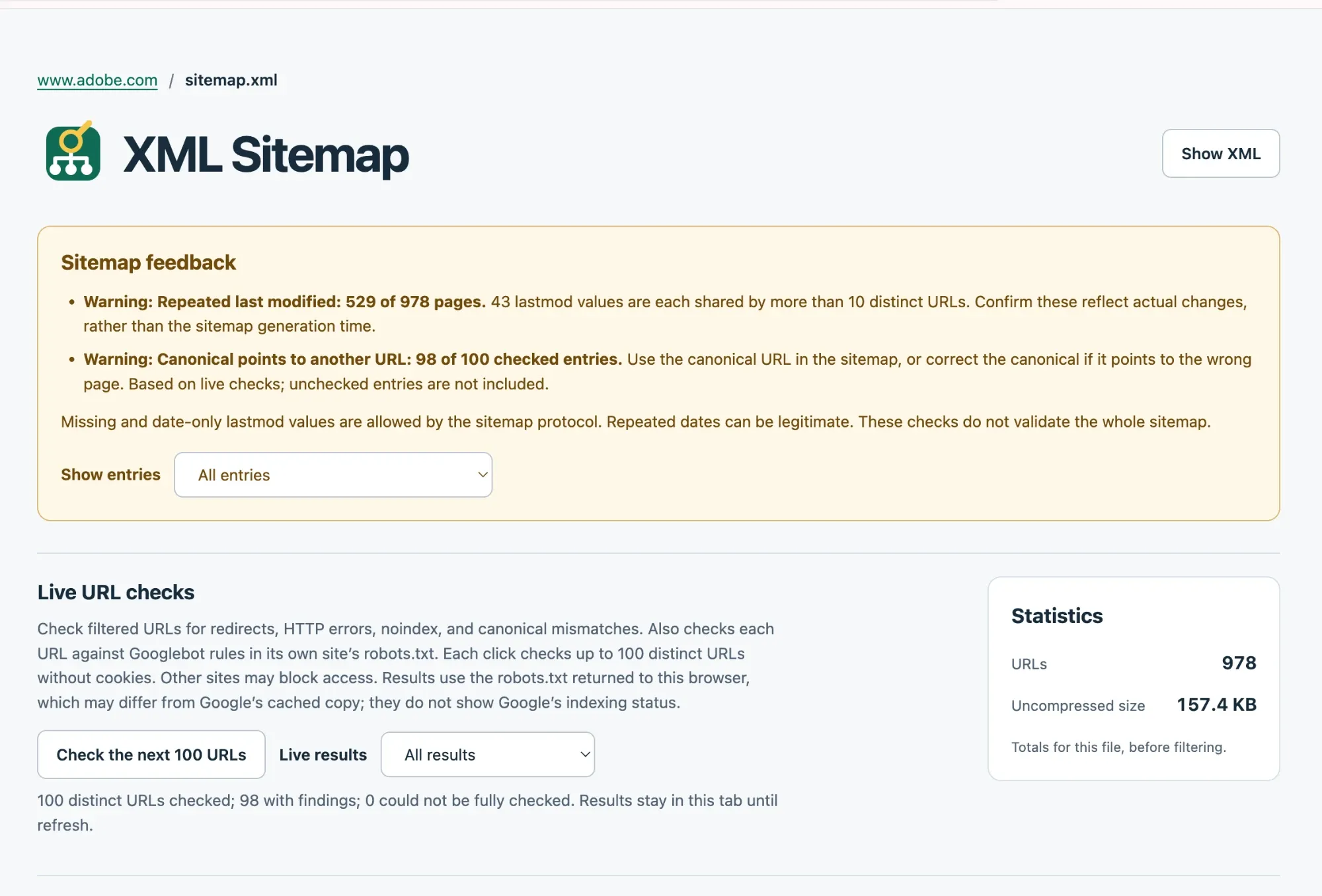 Sitemap Inspector on Adobe's UK Learn sitemap: 98 of 100 checked entries have a canonical pointing to another URL.