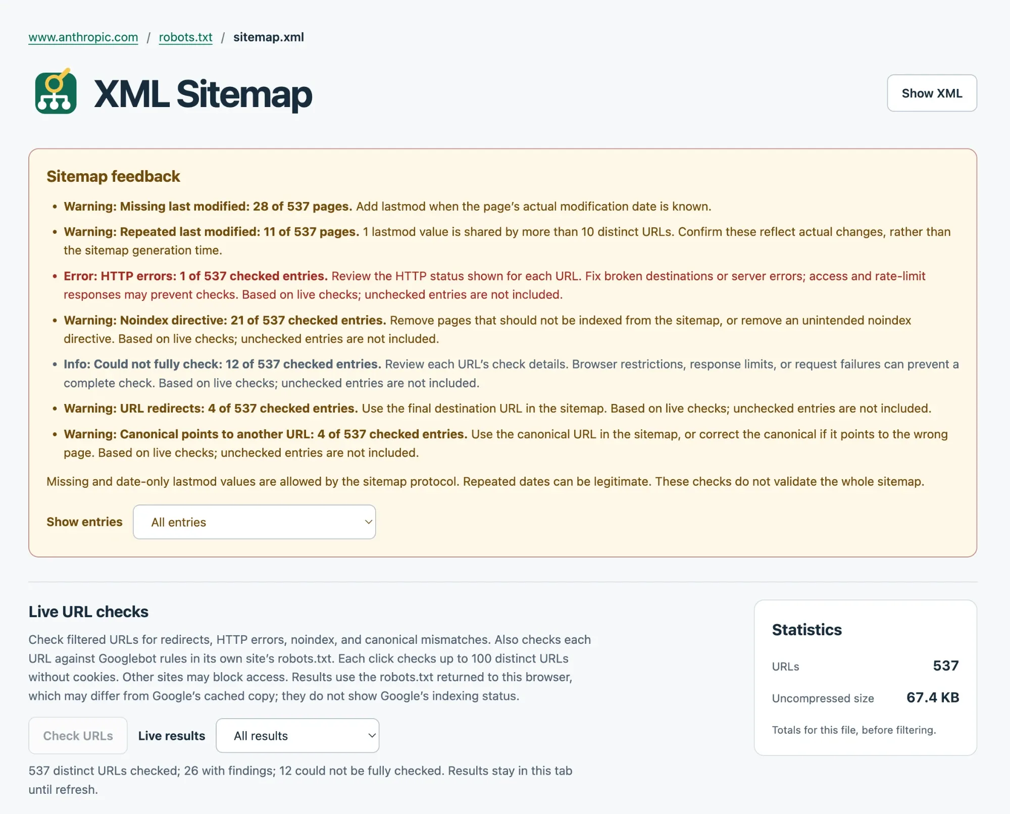 Sitemap Inspector on Anthropic's sitemap: missing and repeated lastmod values, one HTTP error, 21 noindex directives, four redirects and four canonical mismatches.