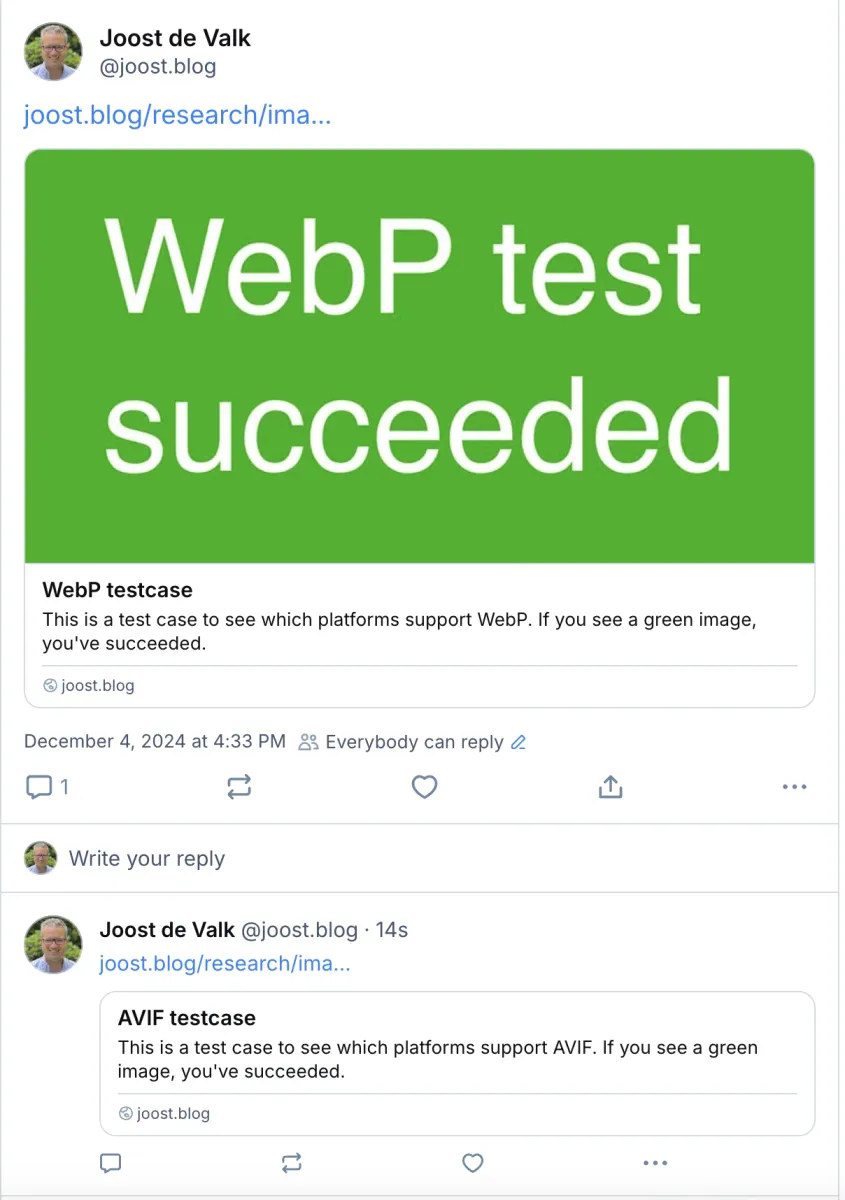 AVIF (negative) and WebP (positive) test results on Bluesky.