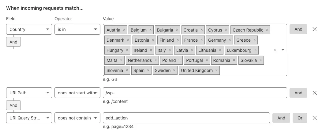 Cloudflare Transform Rule 'request match' configuration for EU visitors