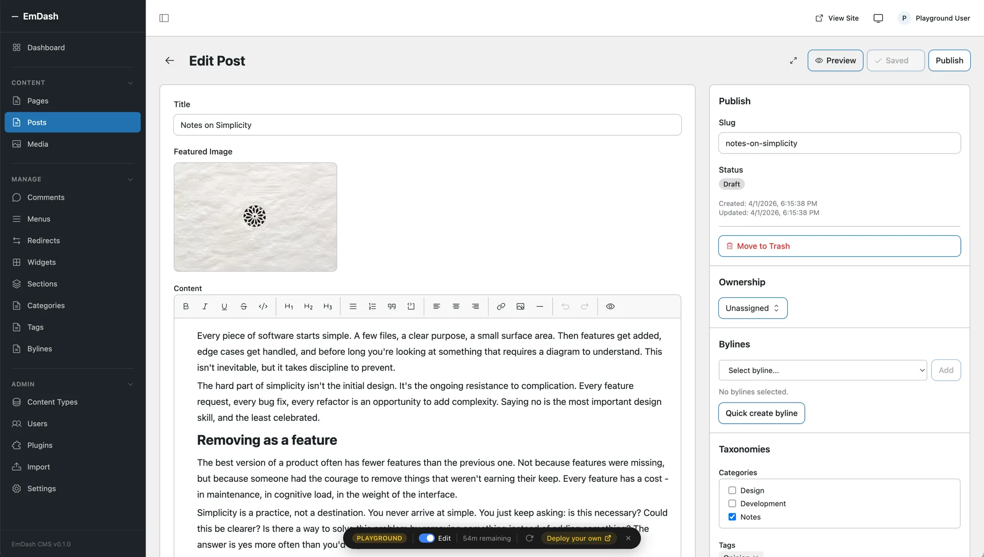 EmDash's post editor showing a familiar WordPress-like interface with title, featured image, rich text editor, categories, and publish controls