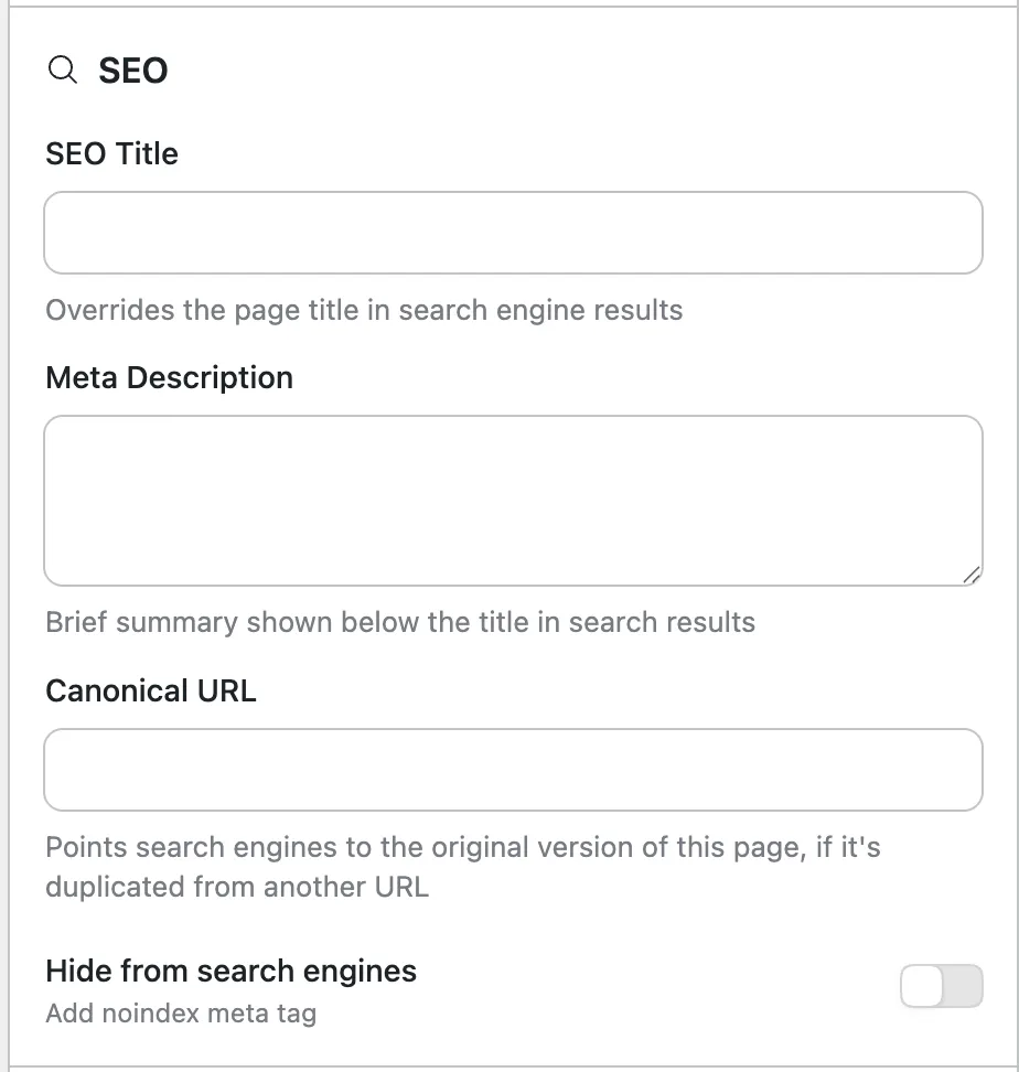EmDash's built-in SEO panel showing fields for SEO title, meta description, canonical URL, and a noindex toggle