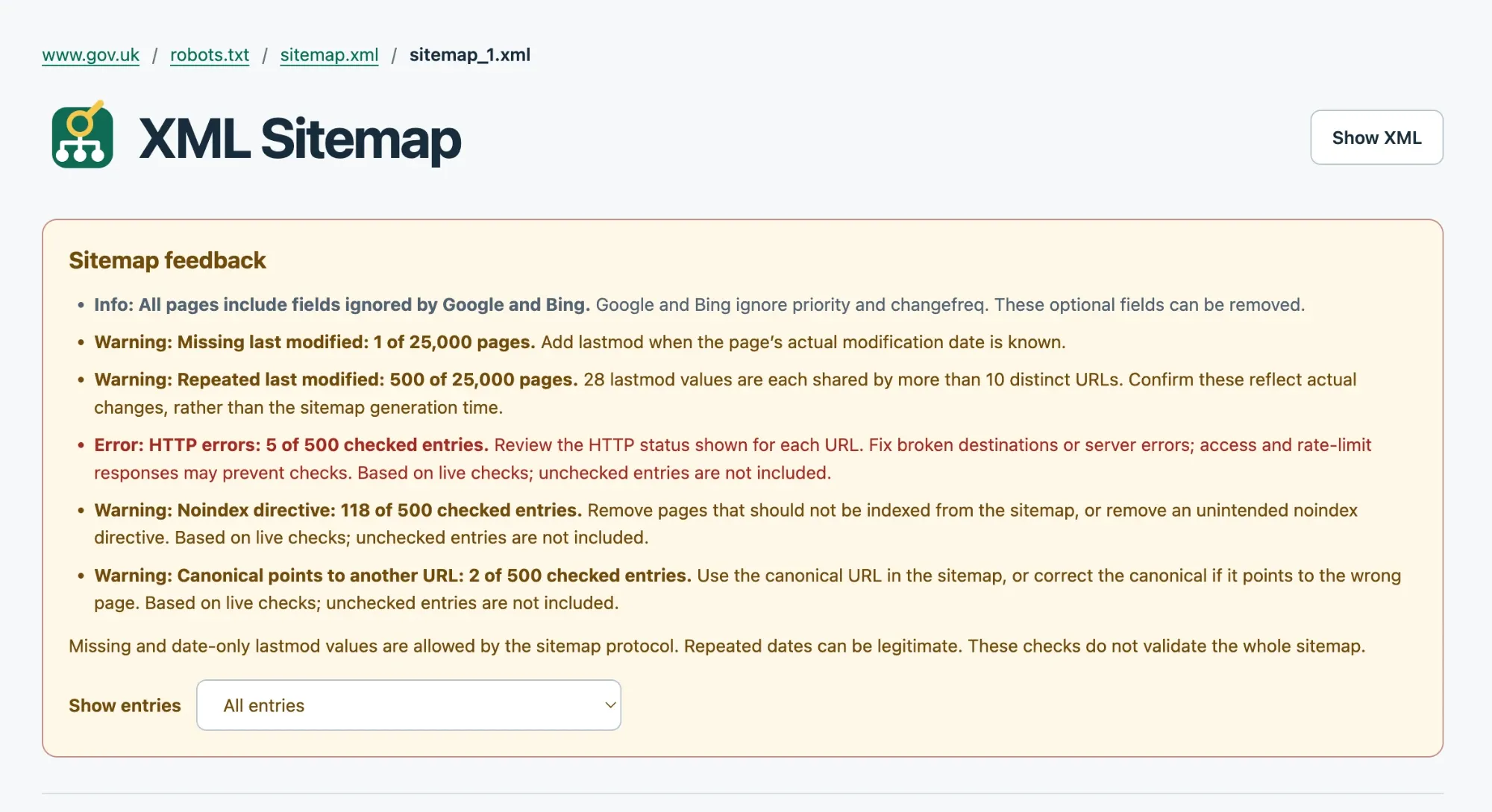 Sitemap Inspector on a GOV.UK sitemap: priority and changefreq on every page, five HTTP errors, 118 noindex directives and two canonical mismatches in 500 checked entries.