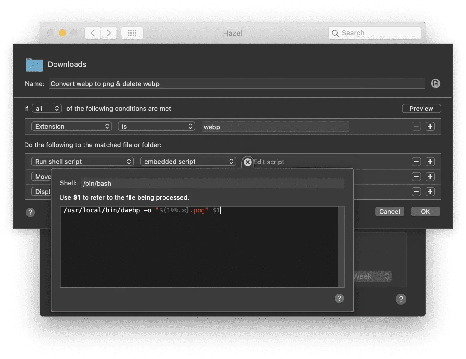 A screenshot of the Hazel configuration screen with the script highlighted.