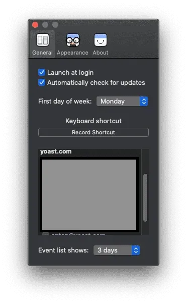 Screenshot of Itsycal's general settings
