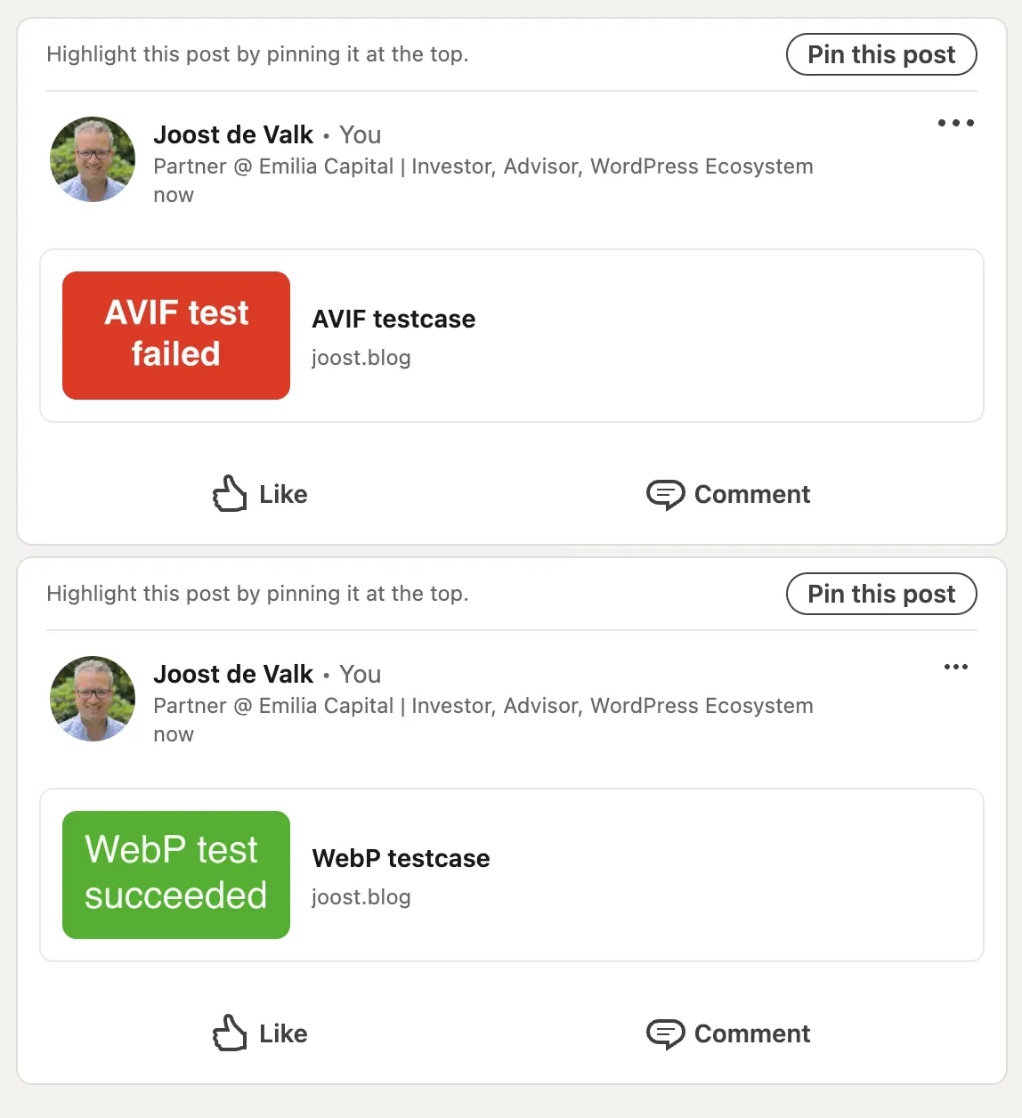 AVIF (negative) and WebP (positive) test results on LinkedIn.