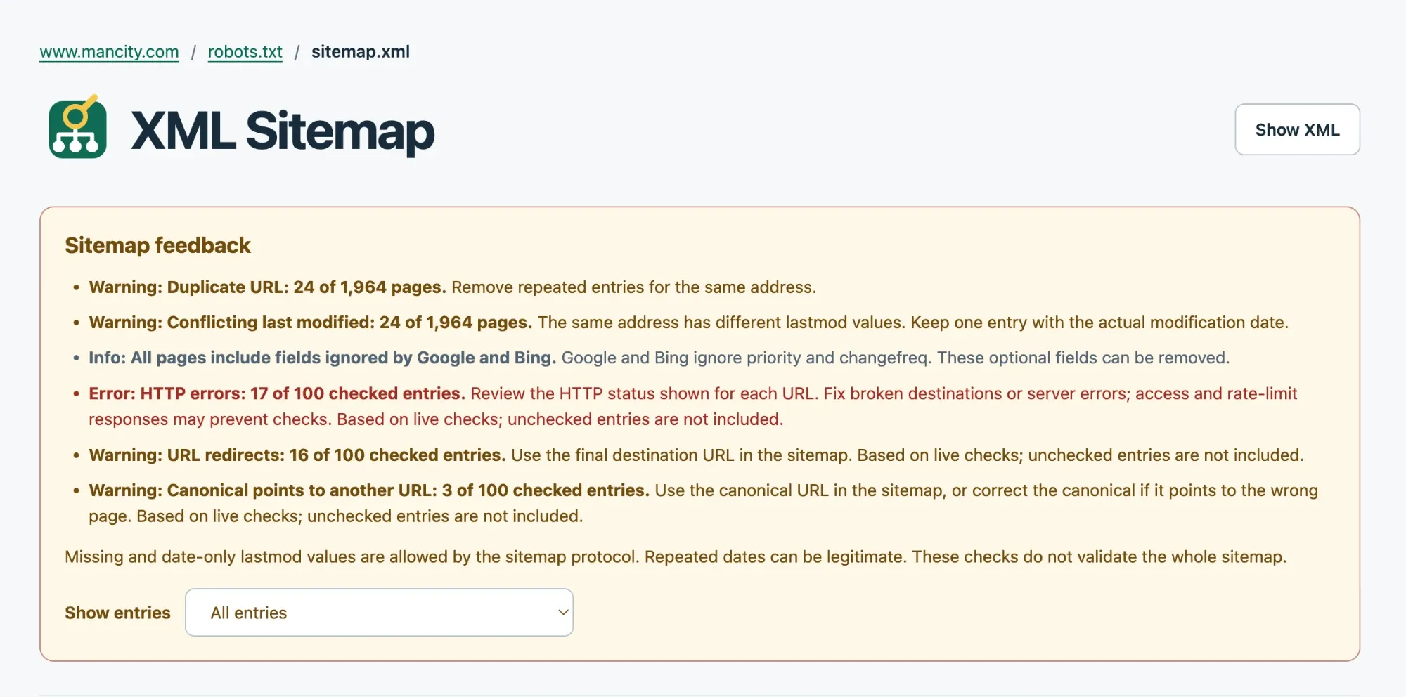 Sitemap Inspector on Manchester City's sitemap: 24 duplicate URLs with conflicting lastmod values, 17 HTTP errors, 16 redirects and three canonical mismatches in 100 checked entries.