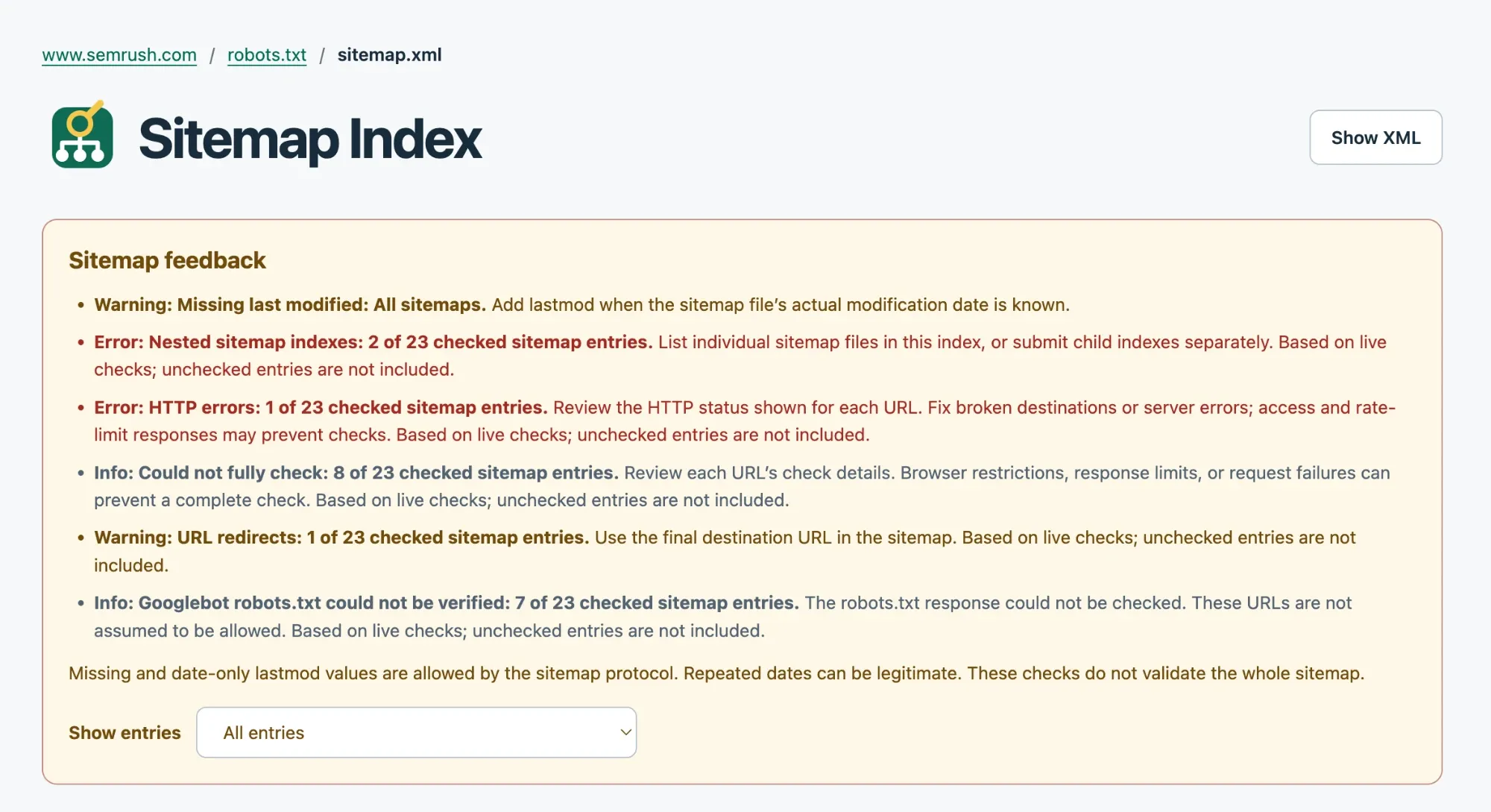 Sitemap Inspector on Semrush's sitemap index: no lastmod values, two nested sitemap indexes, one HTTP error, one redirect.