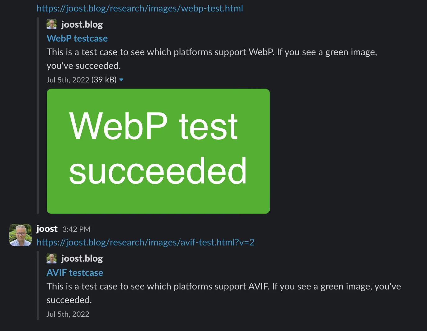 WebP (positive) and AVIF (negative) test results on Slack.