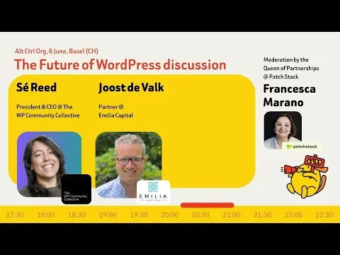 Panel Discussion “The Future of WordPress” with Francesca Marano, Joost de Valk and Sé Reed.
