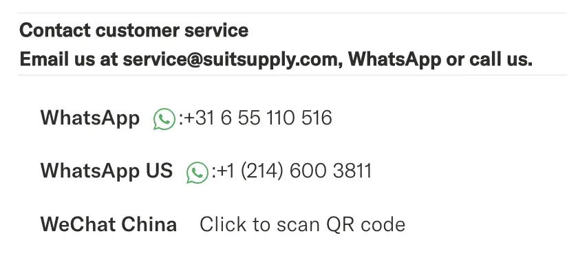 Screenshot of SuitSupply's FAQ page, where their WhatsApp and email addresses both aren't linked.