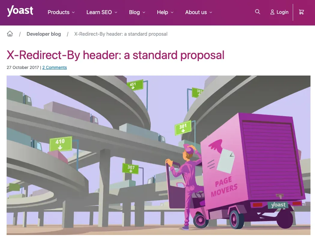 Screenshot of the blog post on yoast.com proposing the X-Redirect-By header.
