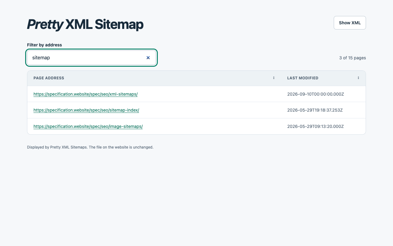 Pretty XML Sitemaps filtering a sitemap to show three matching addresses and their modification dates.