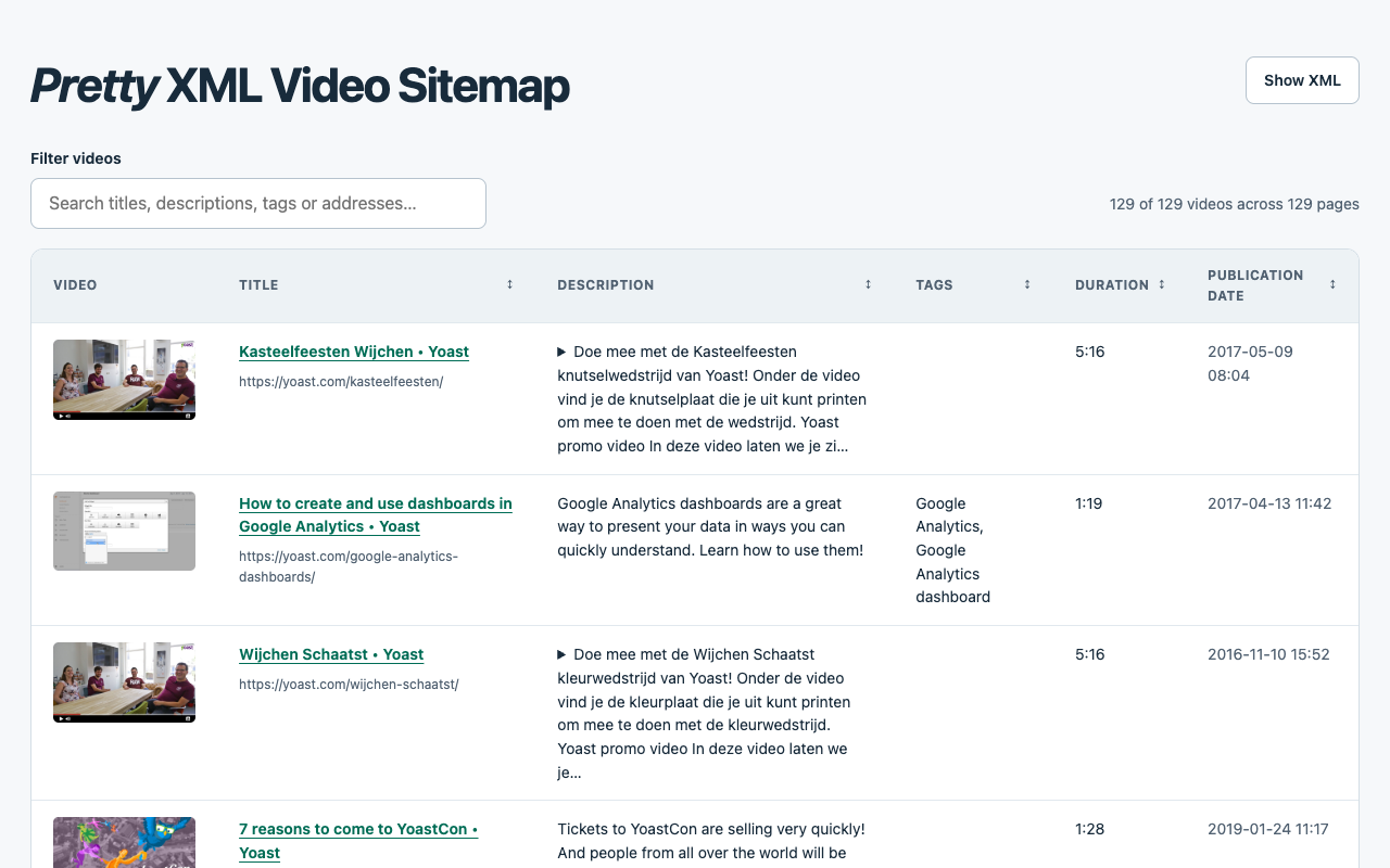 Pretty XML Sitemaps showing Yoast’s video sitemap with thumbnails, titles, descriptions, tags, duration, and publication dates.