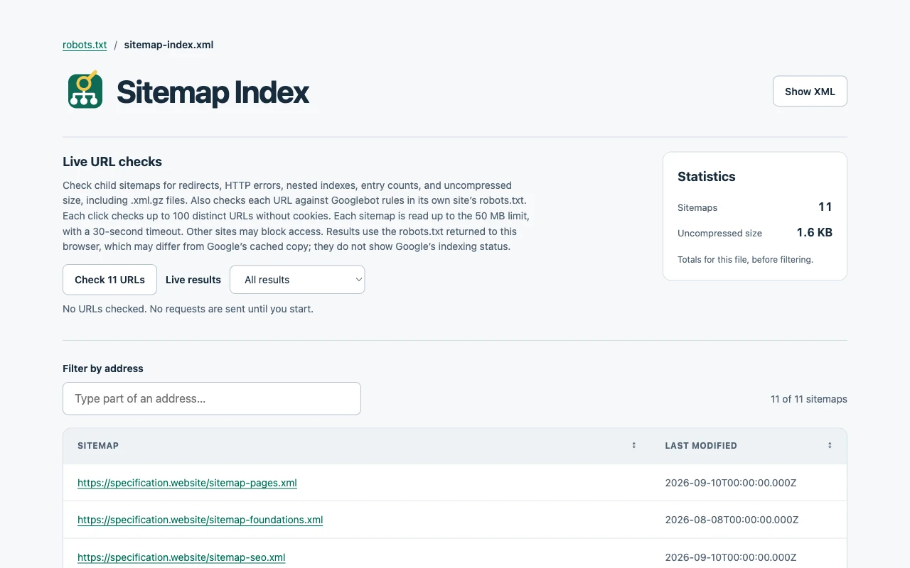 Sitemap Inspector showing a sitemap index, feedback, live check controls, and file statistics.