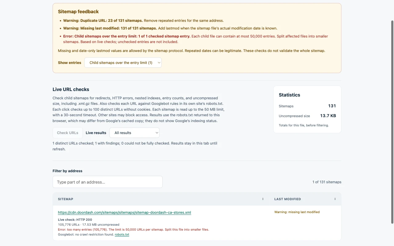 Sitemap Inspector checking child sitemaps and showing their entry counts, sizes, and findings.