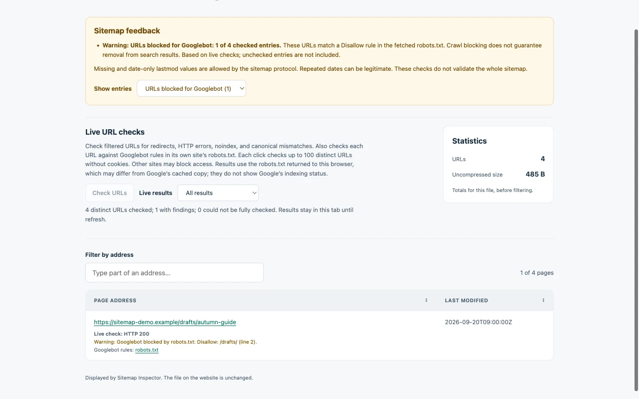 Sitemap Inspector filtering a URL blocked for Googlebot and showing the matching robots.txt rule.