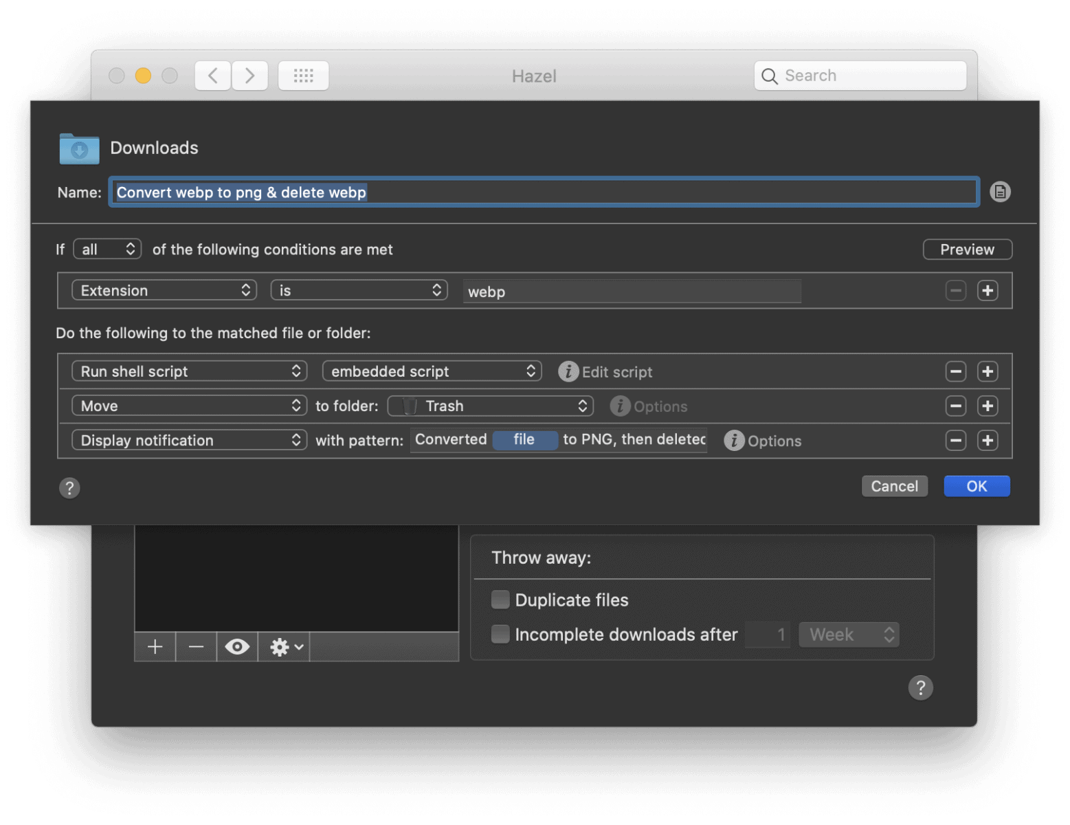 A screenshot of the Hazel configuration screen with the configured rule.