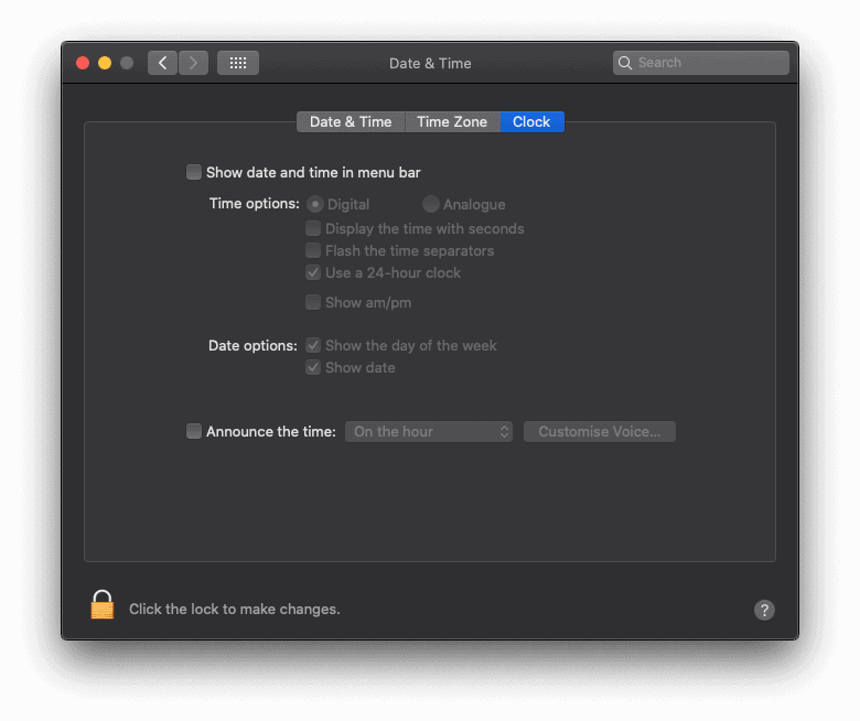 Date & Time settings in Mac System Preferences